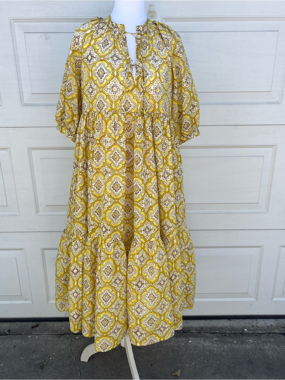 Women's Matta Yellow Printed Maxi Dress short sleeves M